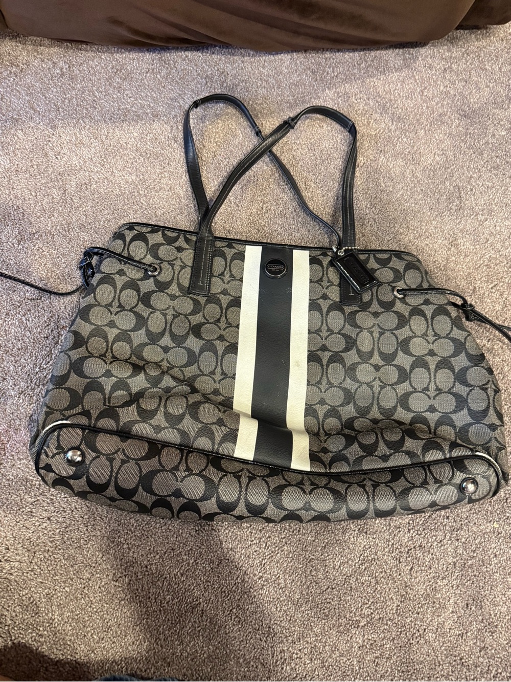 Coach Black and Cream Signature Stripe Tote